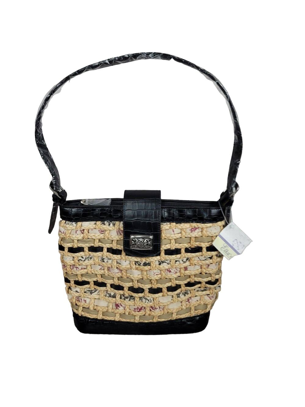 Vintage Straw Purse Cottagecore Woven Rattan Black Tan Elka Handbags New 90's